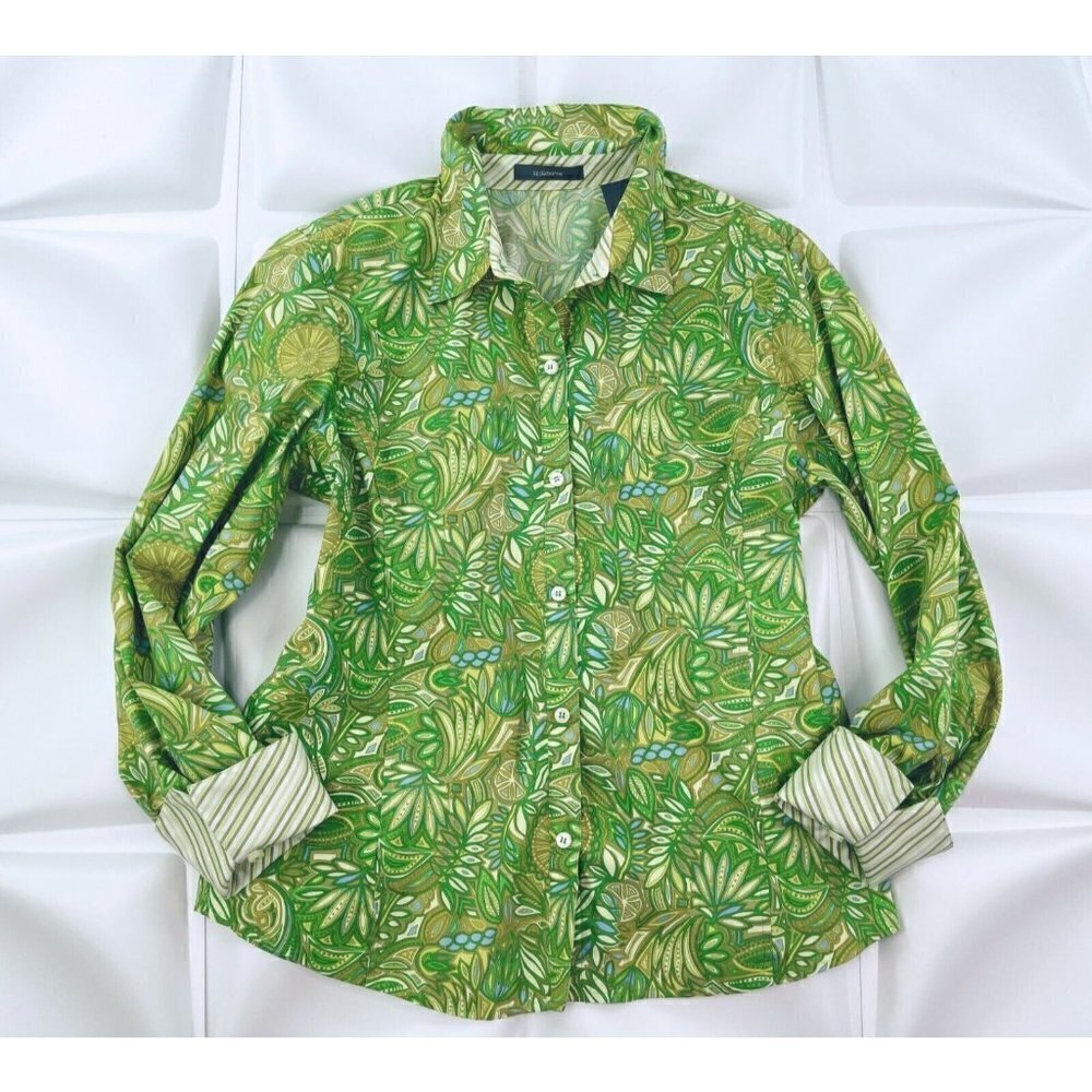 Liz Claiborne Sz 14 Colorful Green l Button Up Shirt Blouse Top Floral Print Art